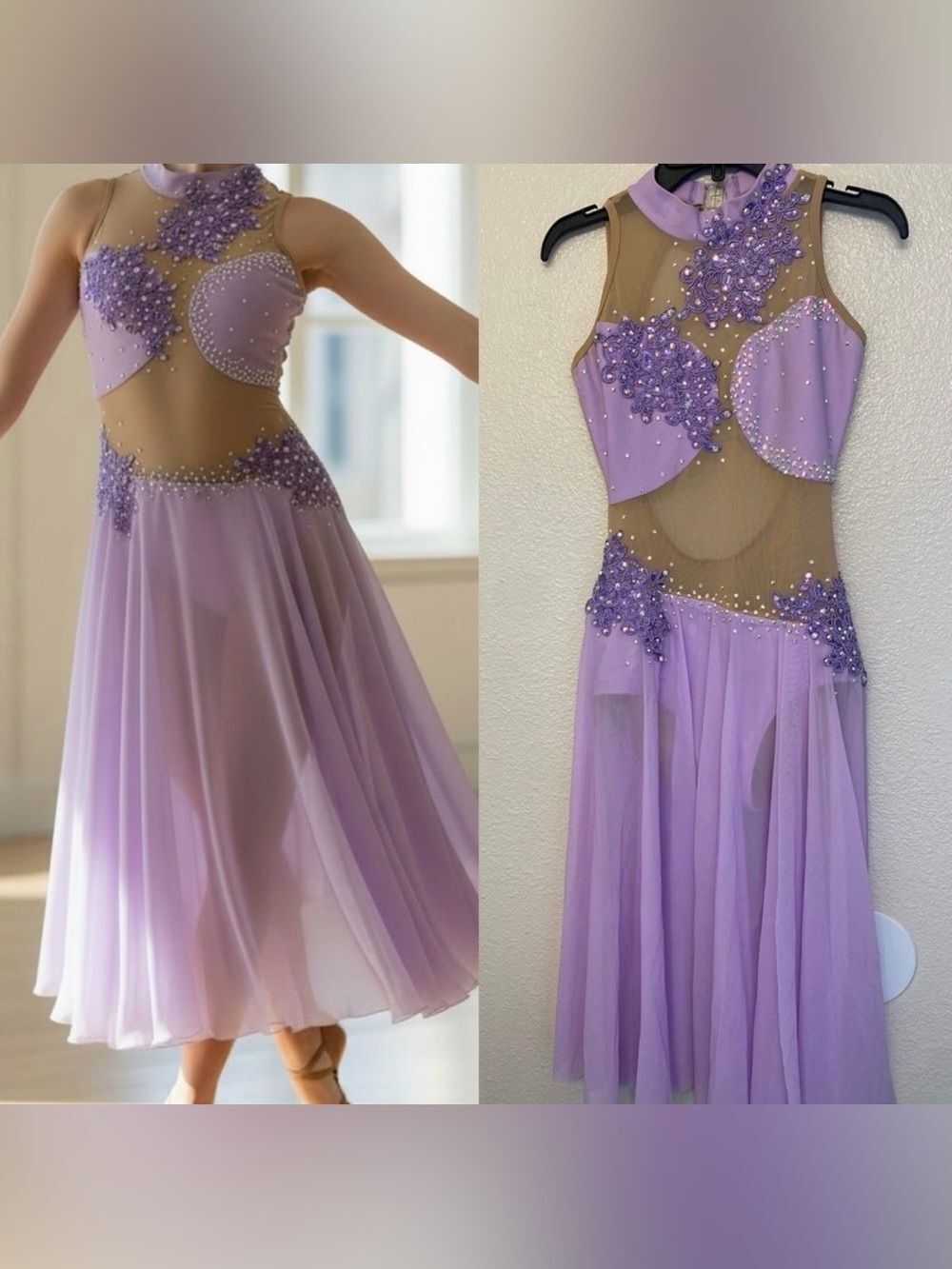 Custom solo dance costume lavender purple illusion leotard maxi dress stoned MA